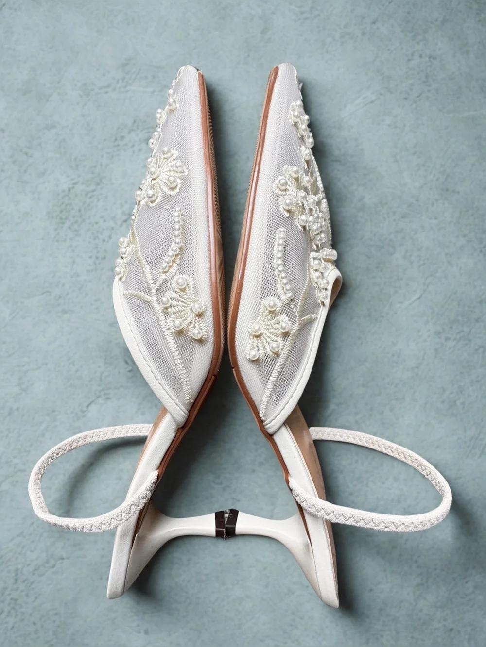 Embroidered Pearl Bridal Kitten Heel Ivory Size 8
